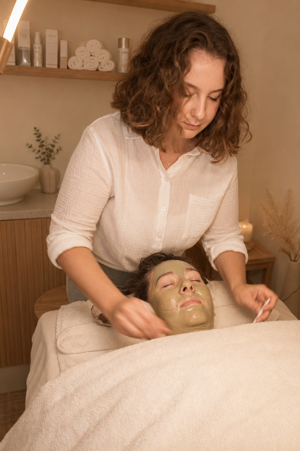 Anna Leigh applying a green clay mask during a facial treatment