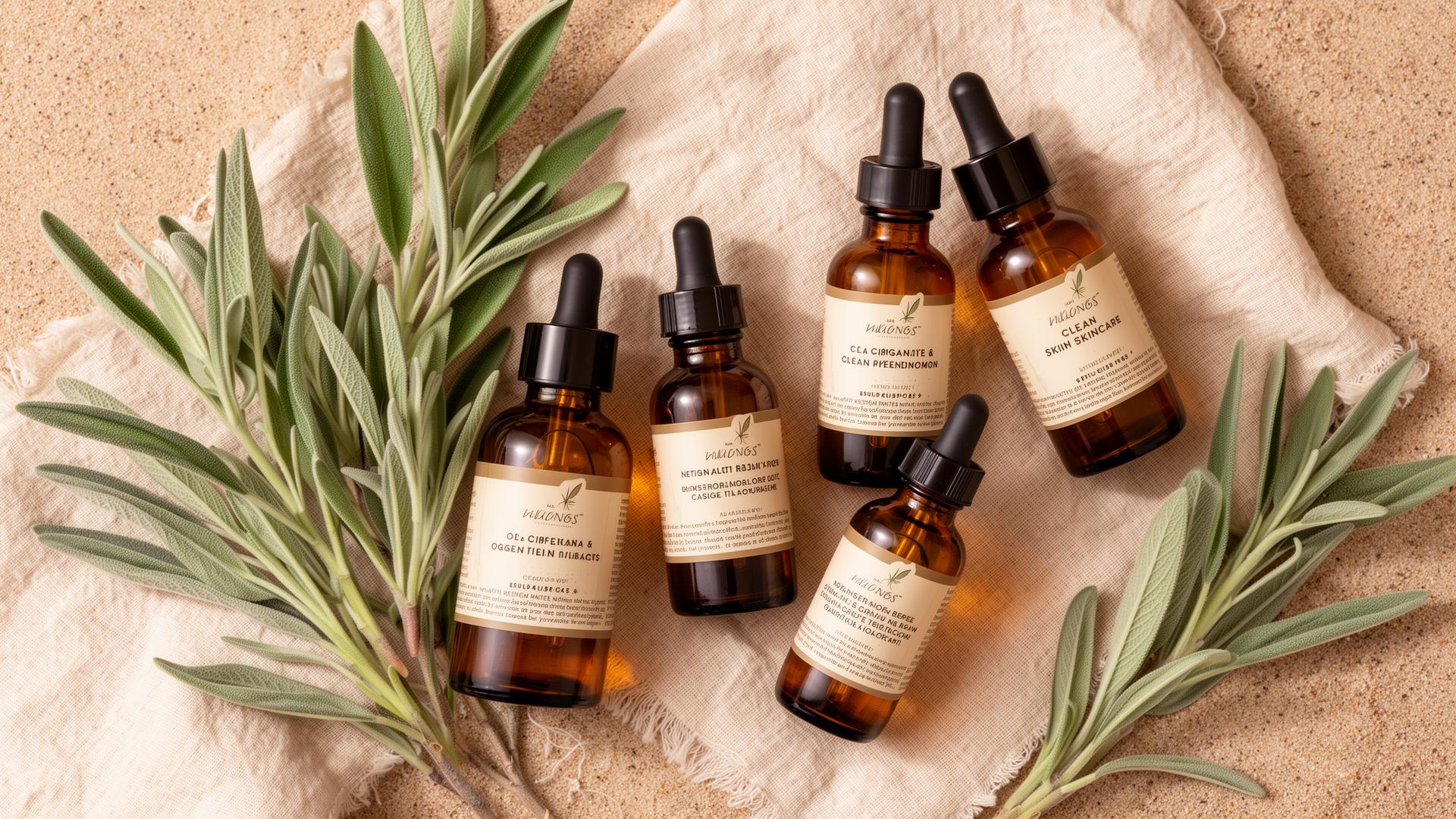 Flatlay of professional skincare products in amber glass dropper bottles with sage