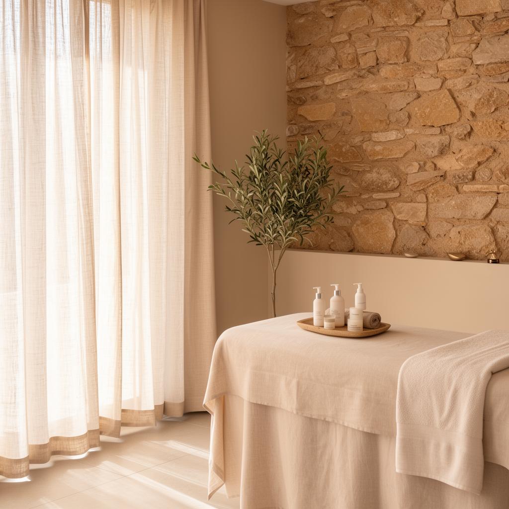 The Sona Esthetics suite — linen curtains, warm stone, sage plant